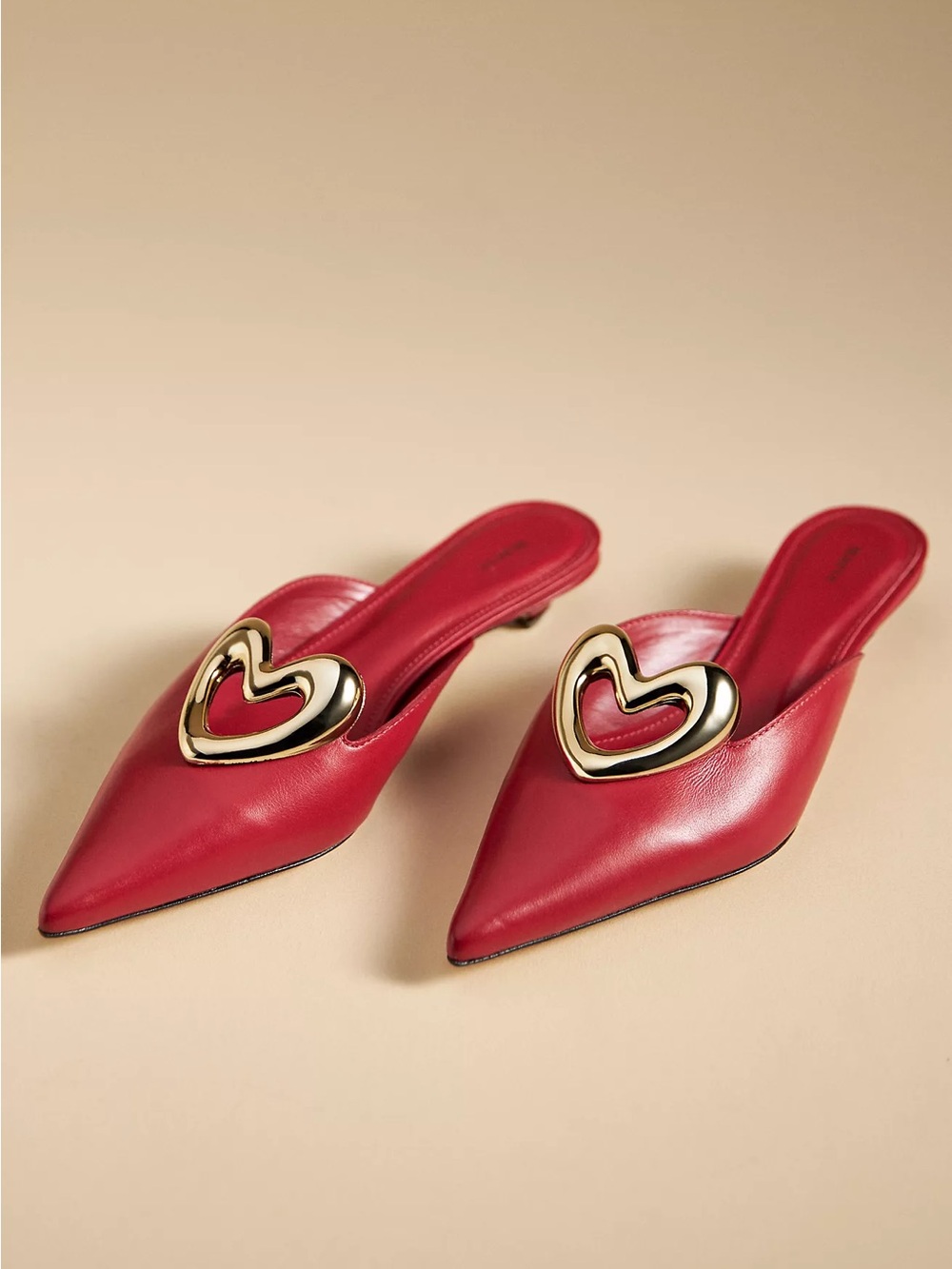 Maeve Red Leather Mule Kitten Heels with Gold Heart Sz 36